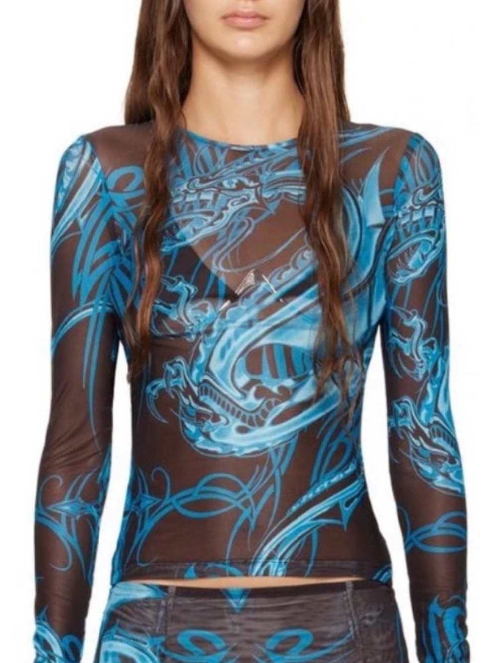 Miaou Blue & Brown Abstract Print Sheer Mesh Long-sleeved Top